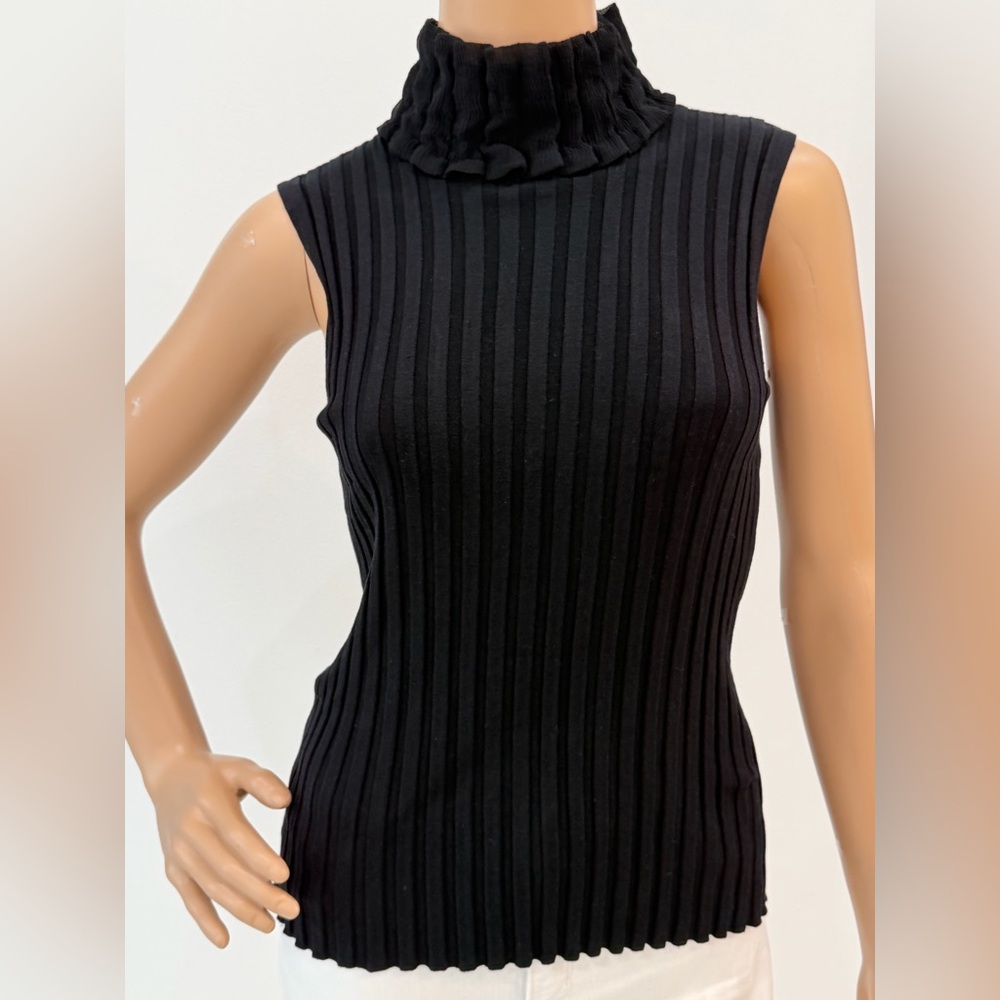 Chic and Feminine Black Silk Ribbed Sleeveless Mock Turtleneck Top, Size S